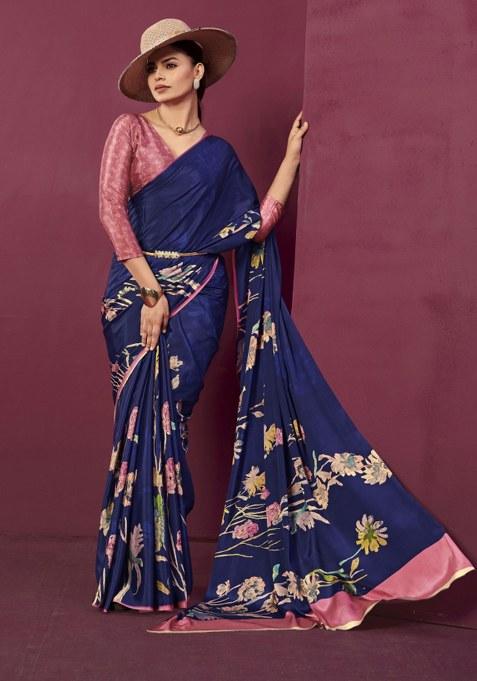 Blue Printed Crepe Saree Set