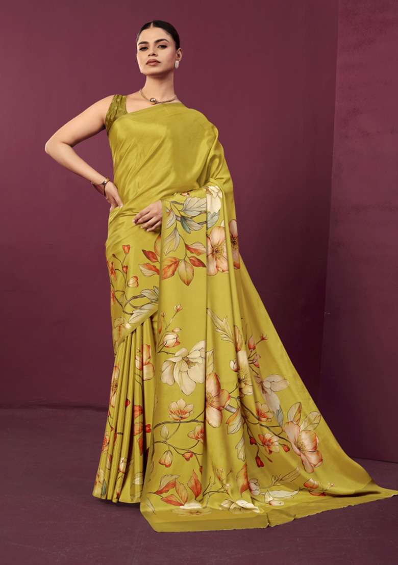 Mustard Printed Crepe Saree Set for Diwali and Festive Wear - Indya
