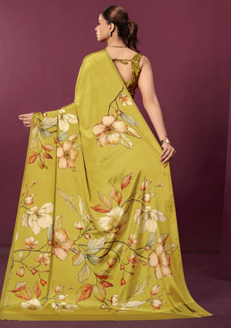 Mustard Printed Crepe Saree Set - Indya