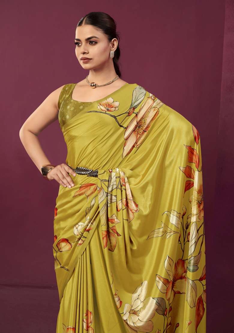 Mustard Printed Crepe Saree Set for Diwali and Festive Wear - Indya