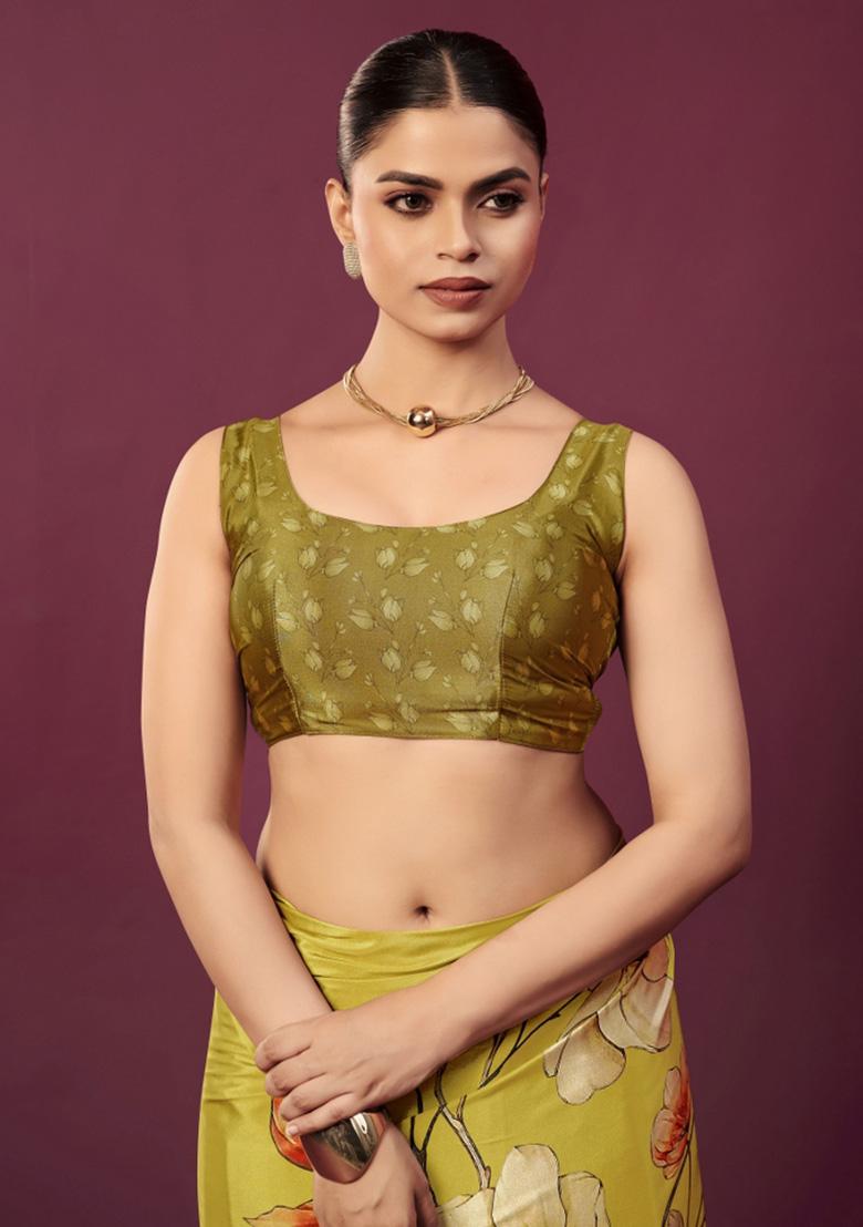 Mustard Printed Crepe Saree Set - Indya