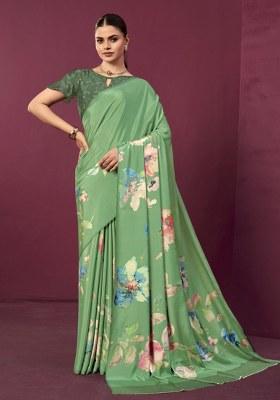 Green Printed Crepe Saree Set