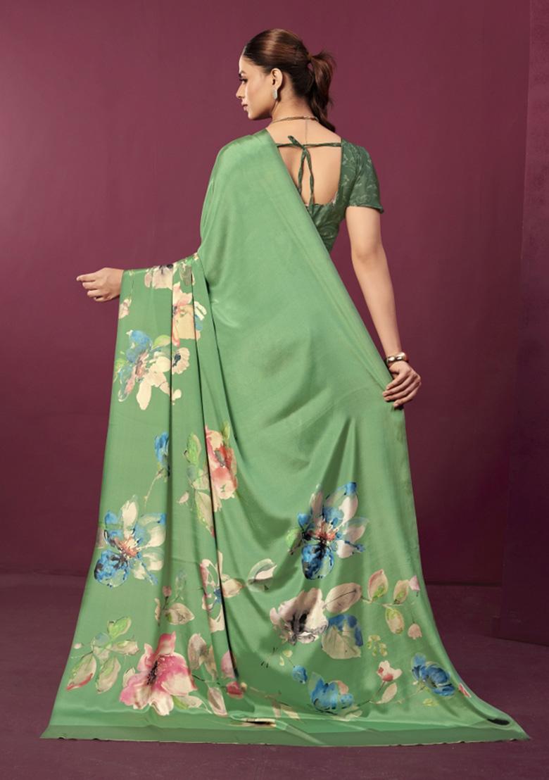 Green Printed Crepe Saree Set - Indya