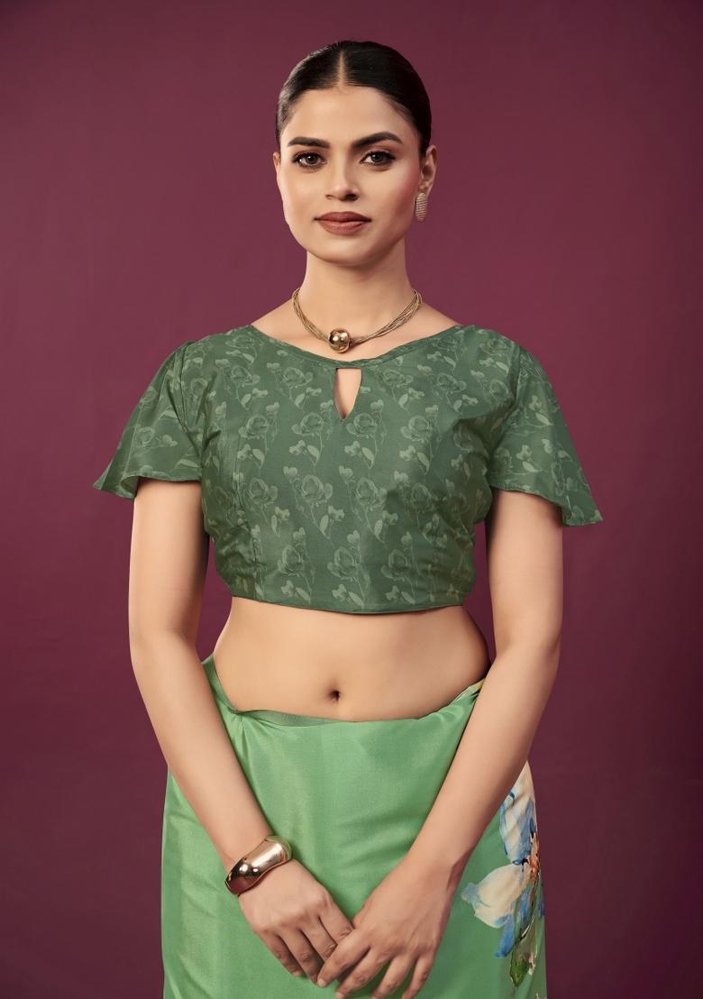 Green Printed Crepe Saree Set - Indya