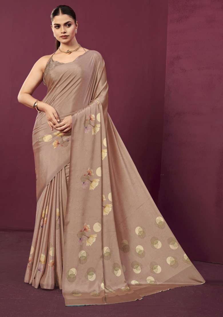 Brown Printed Crepe Saree Set for Diwali and Festive Wear - Indya