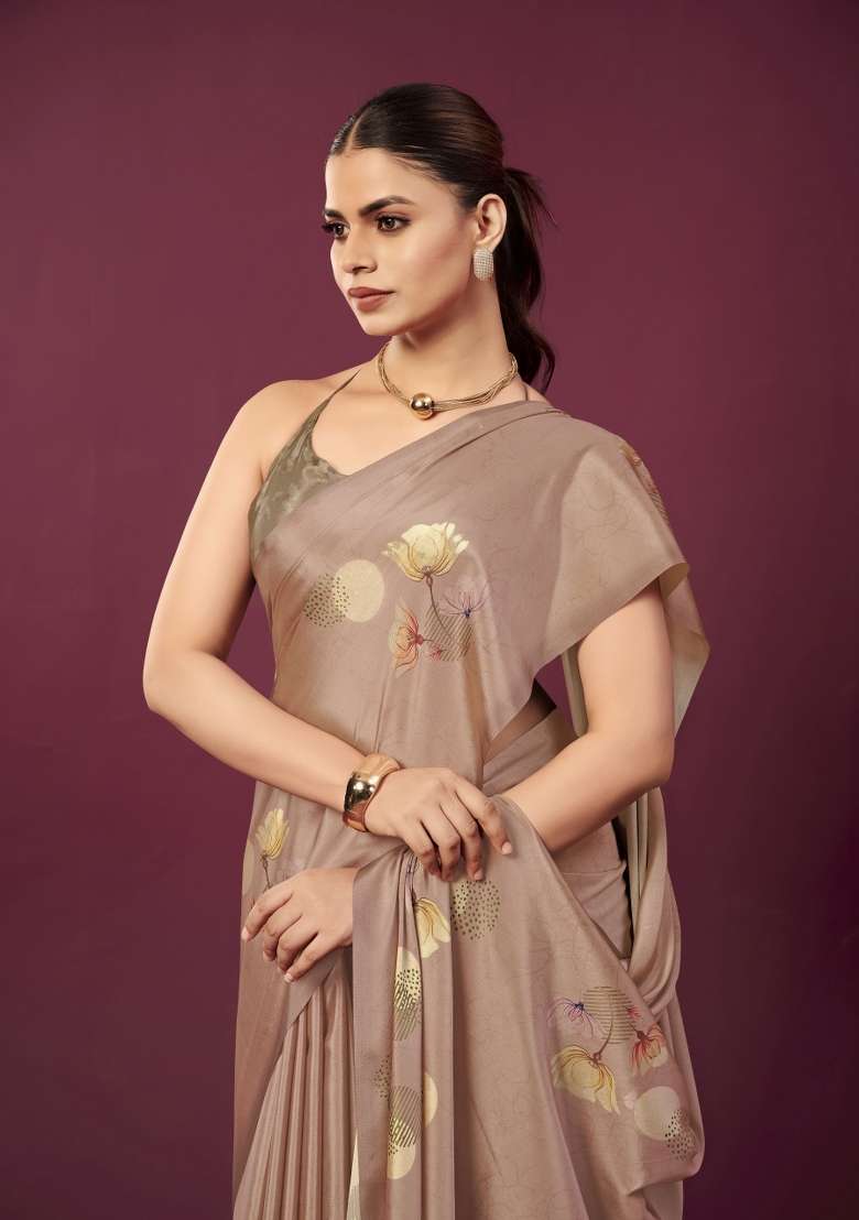 Brown Printed Crepe Saree Set for Diwali and Festive Wear - Indya