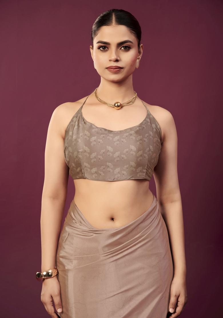 Brown Printed Crepe Saree Set - Indya