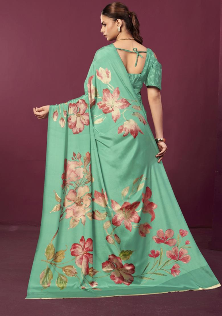 Sea Green Printed Crepe Saree Set - Indya