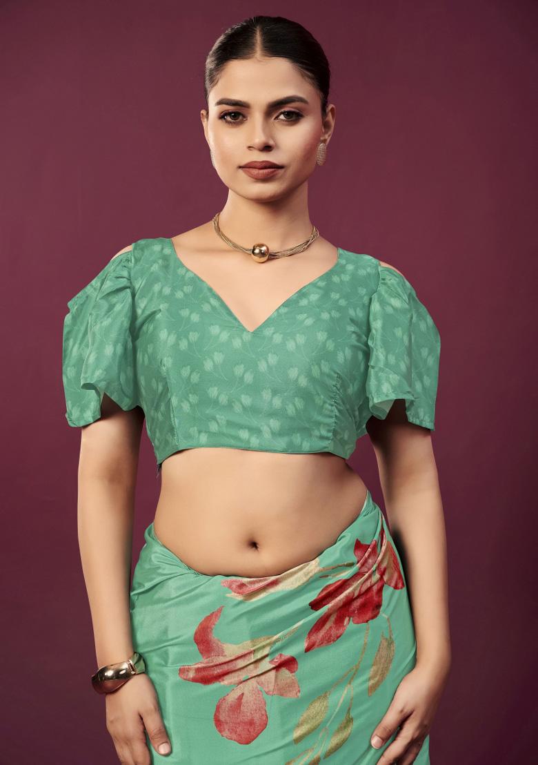 Sea Green Printed Crepe Saree Set - Indya