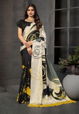 Black Printed Crepe Saree Set
