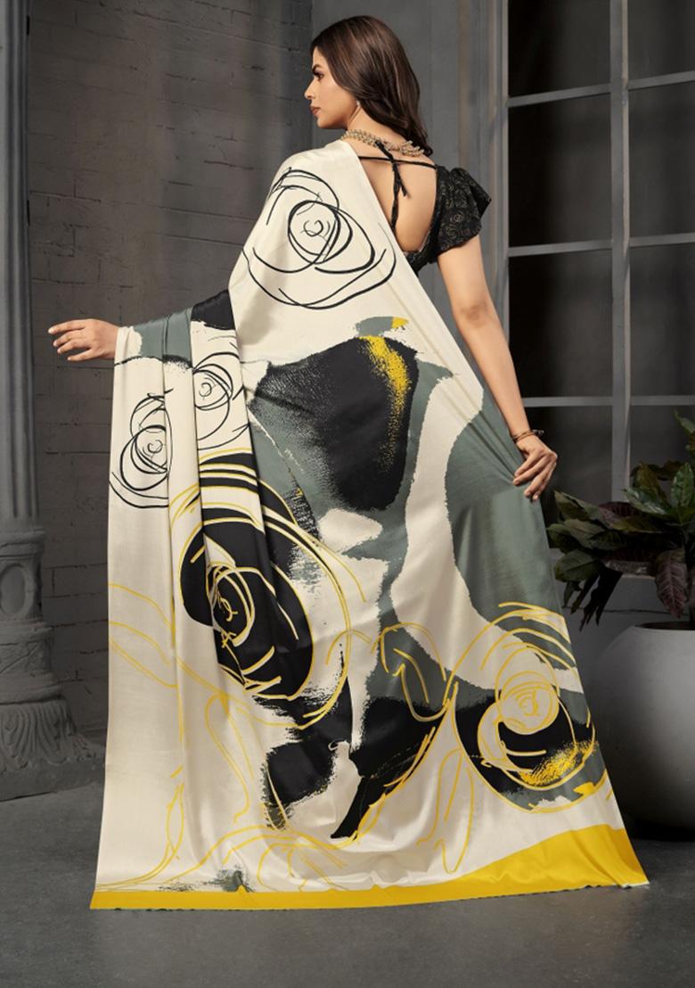 Black Printed Crepe Saree Set - Indya