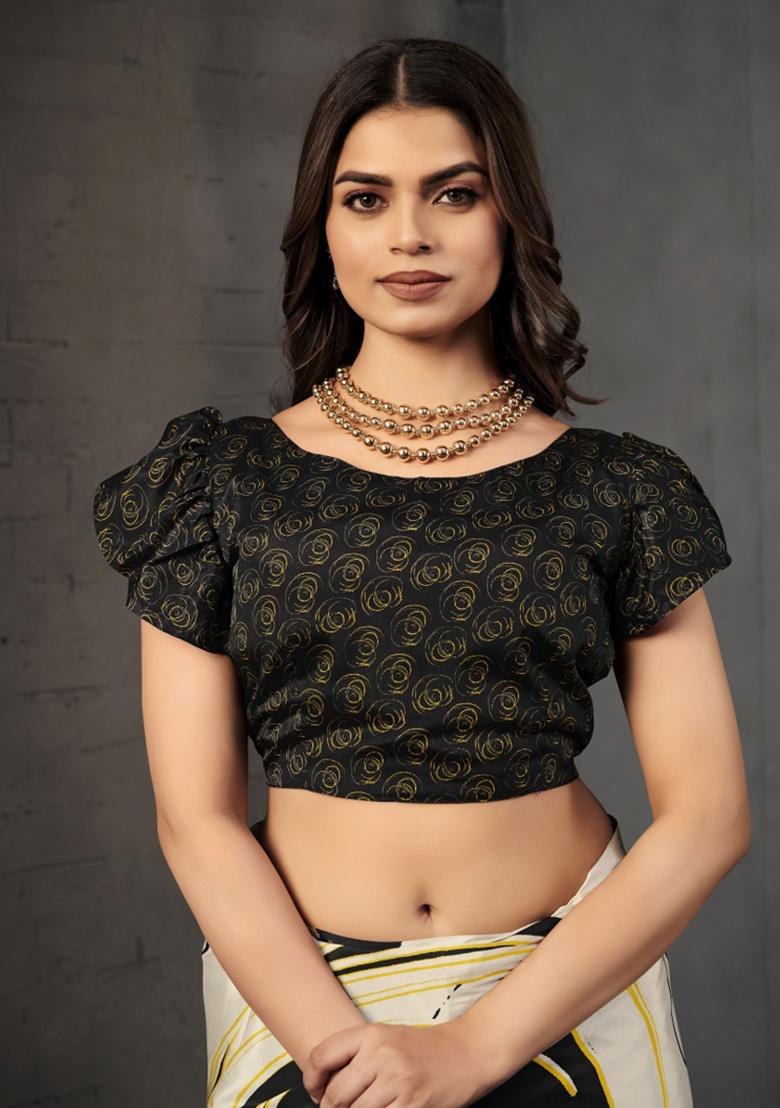 Black Printed Crepe Saree Set - Indya