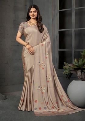 Grey Printed Crepe Saree Set