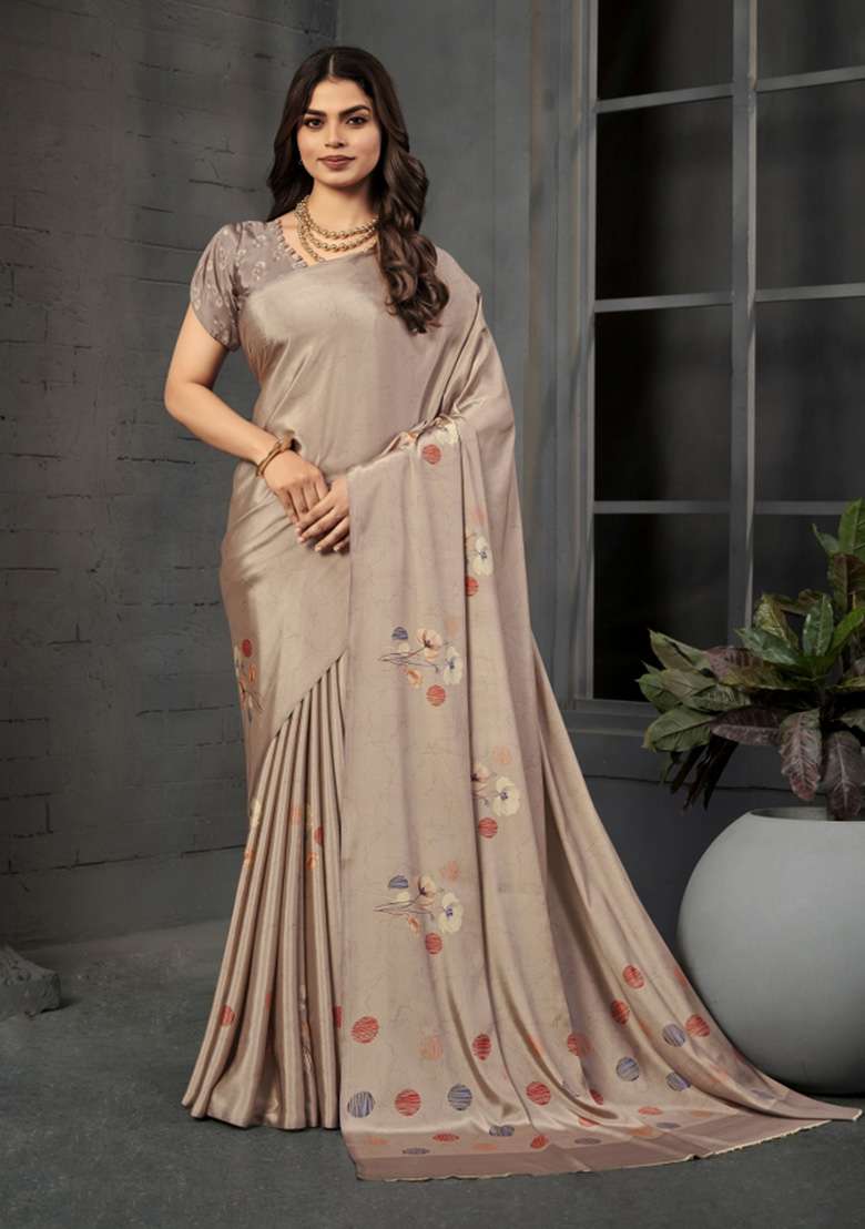 Grey Printed Crepe Saree Set for Diwali and Festive Wear - Indya
