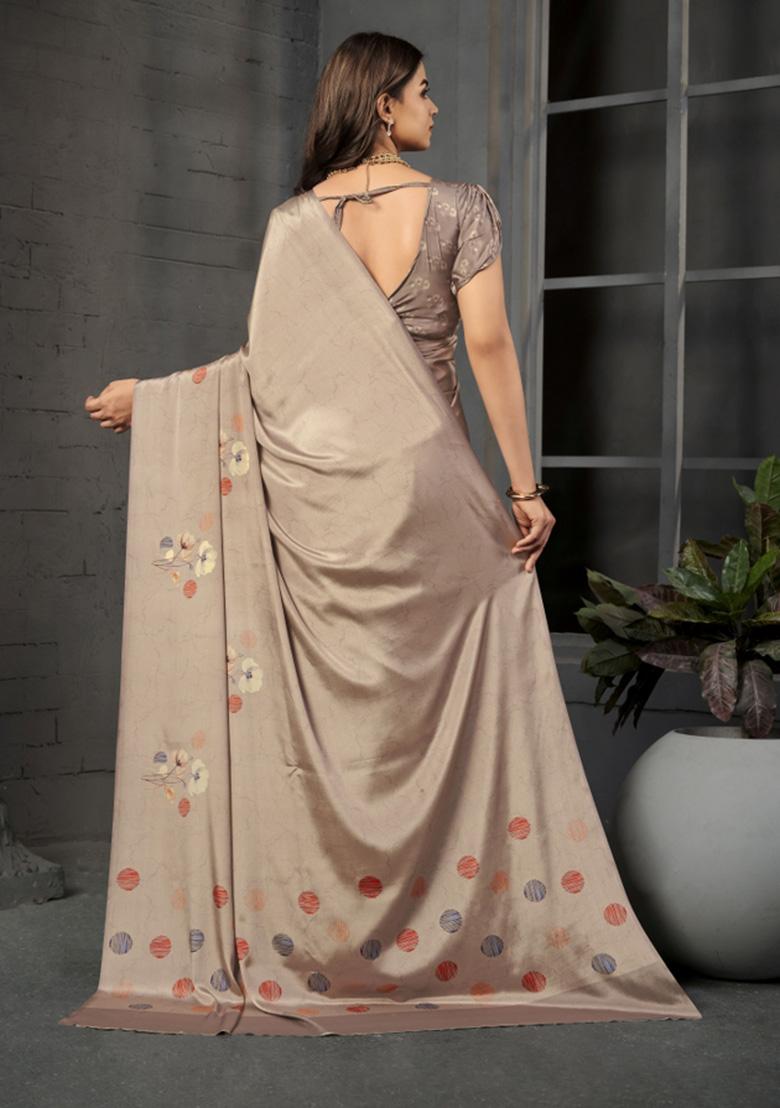 Grey Printed Crepe Saree Set - Indya