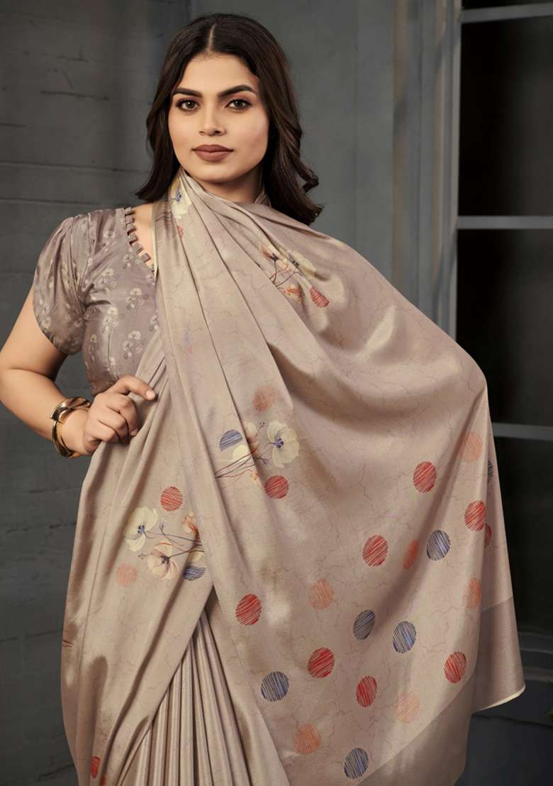 Grey Printed Crepe Saree Set for Diwali and Festive Wear - Indya