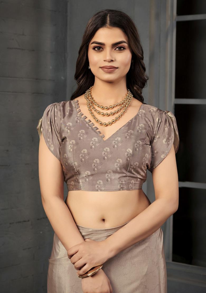 Grey Printed Crepe Saree Set - Indya