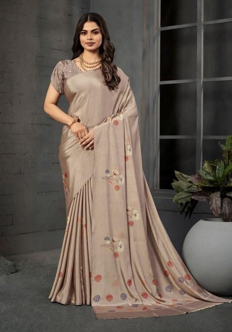 Grey Printed Crepe Saree Set