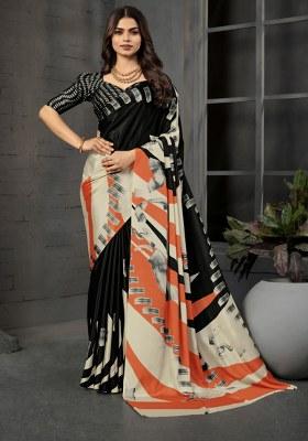 Black Printed Crepe Saree Set