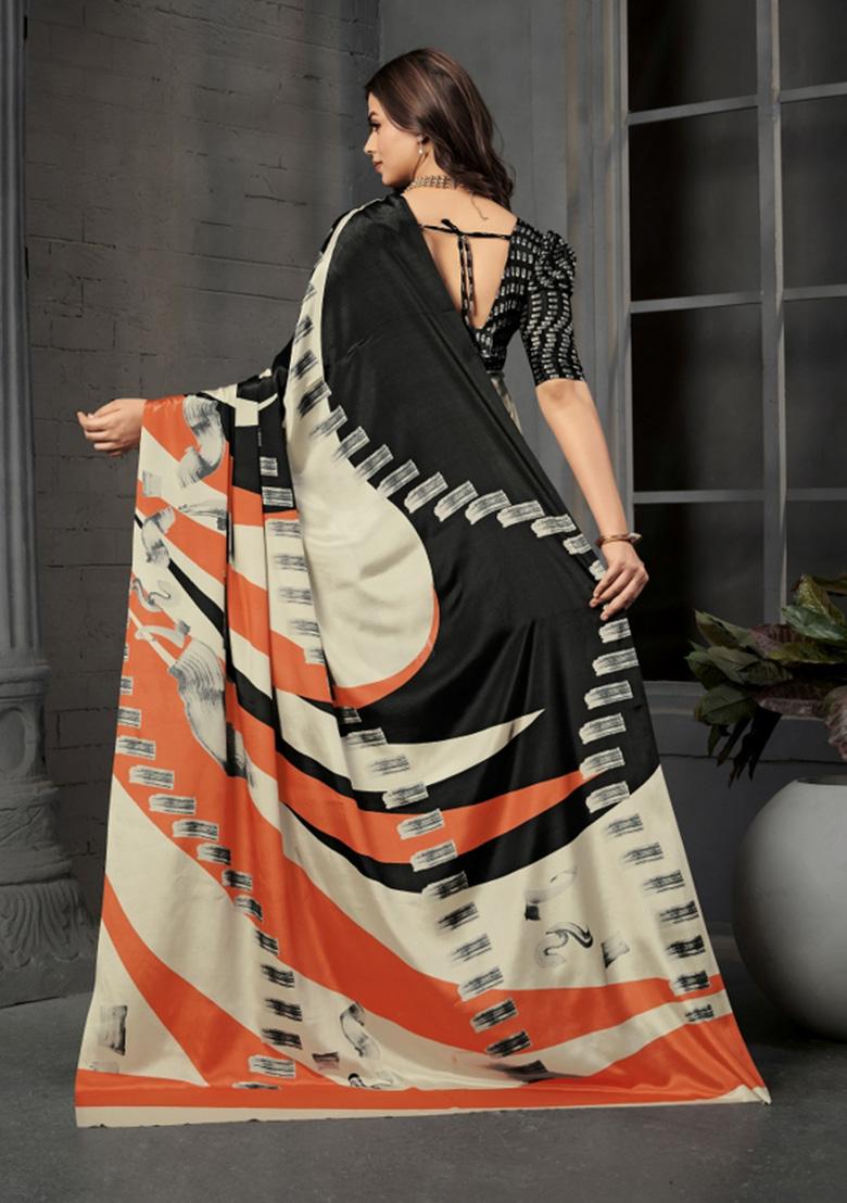 Black Printed Crepe Saree Set - Indya