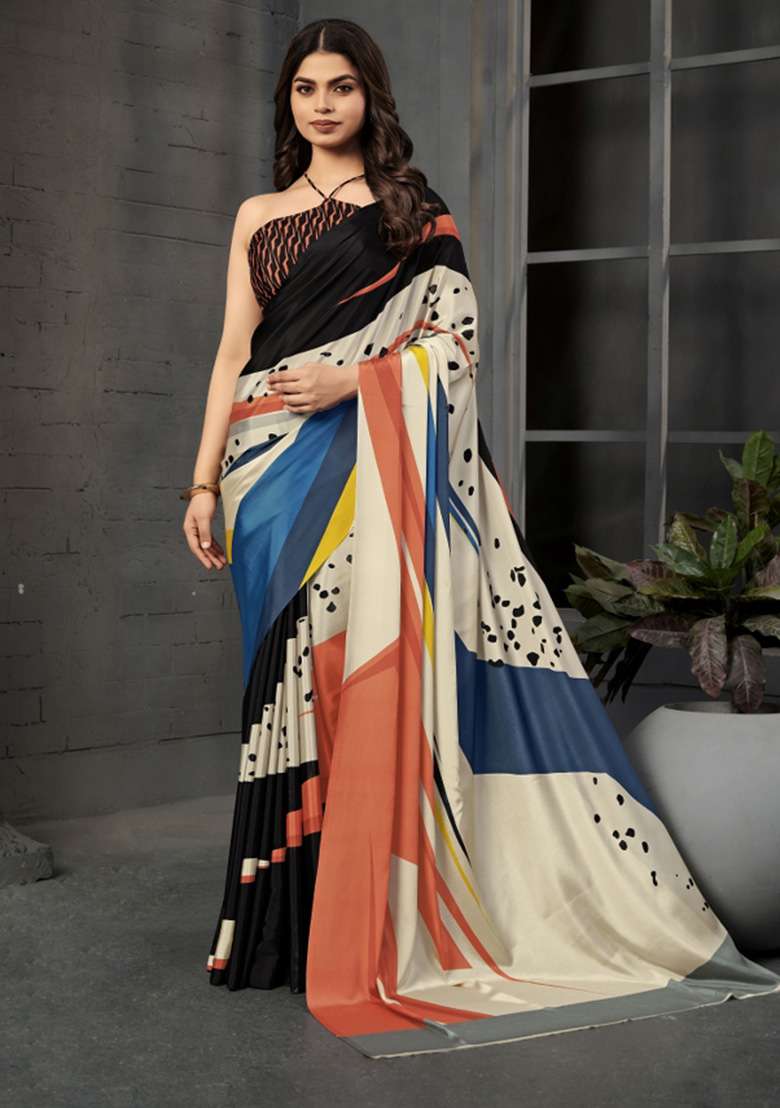 Multicolor Crepe Saree Set with Printed for Diwali | Wedding & Festive Wear - Indya