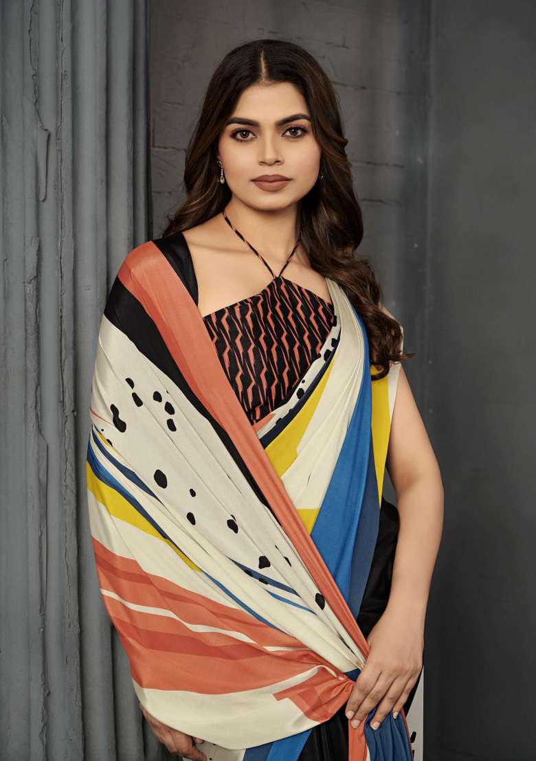 Multicolor Crepe Saree Set with Printed for Diwali | Wedding & Festive Wear - Indya