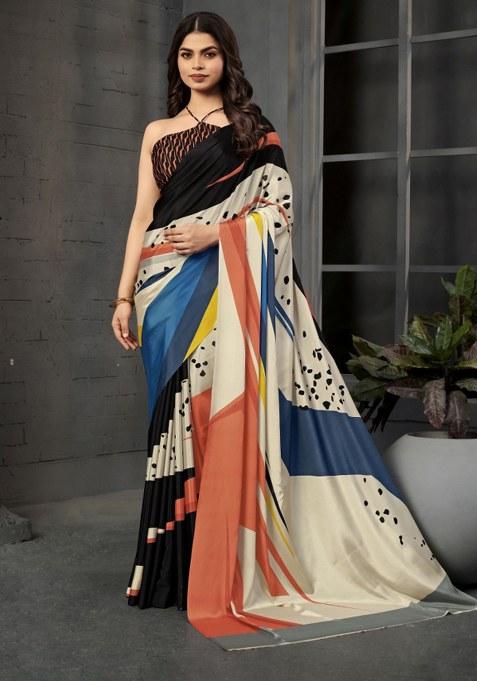 Multicolor Printed Crepe Saree Set