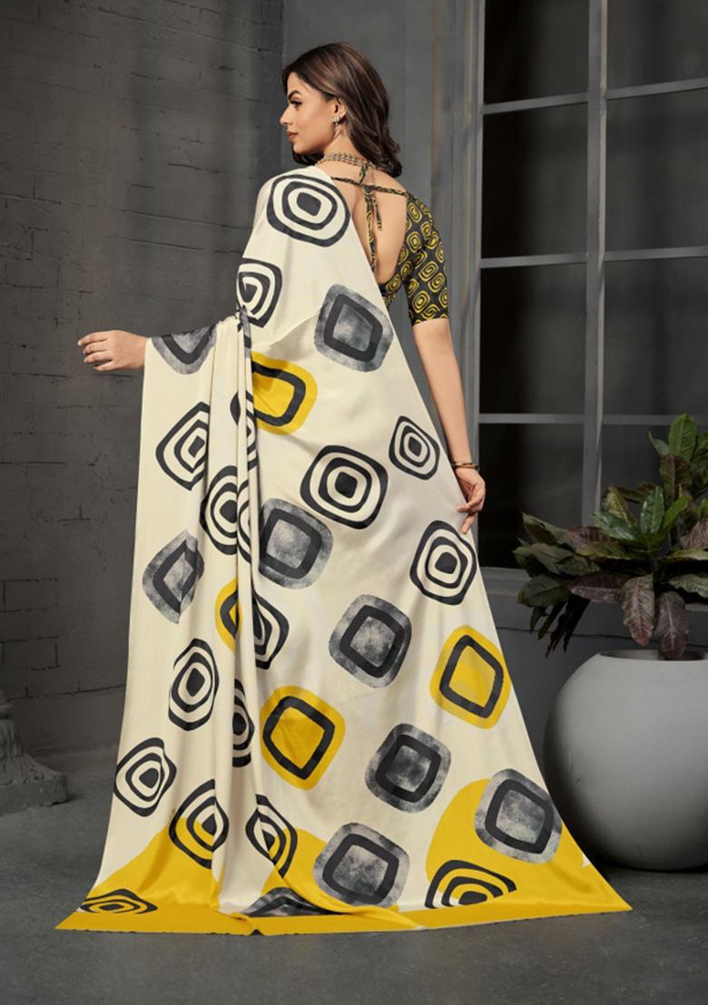 Black Printed Crepe Saree Set - Indya