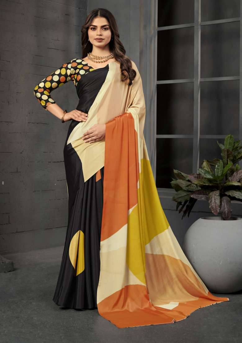 Multicolor Printed Crepe Saree Set for Diwali and Festive Wear - Indya
