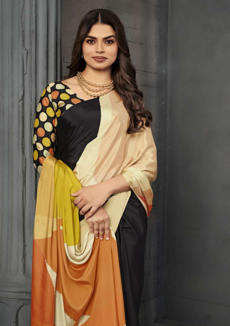 Multicolor Printed Crepe Saree Set for Diwali and Festive Wear - Indya