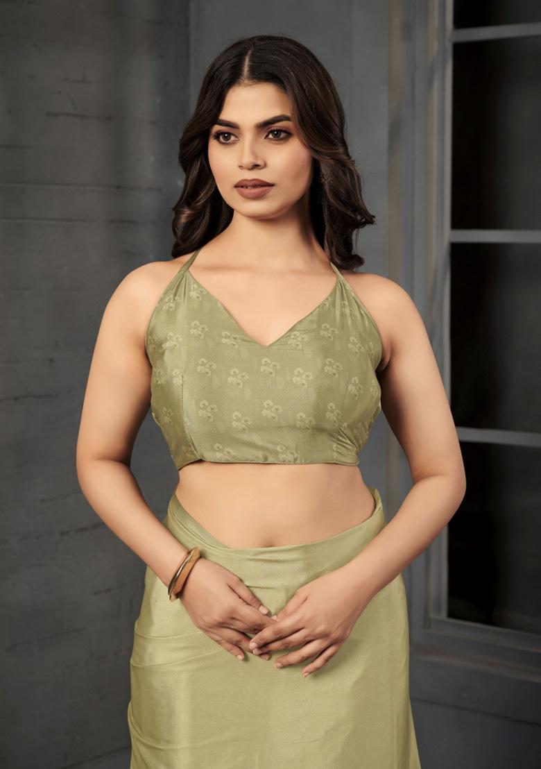 Green Printed Crepe Saree Set - Indya