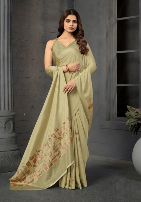 Green Printed Crepe Saree Set