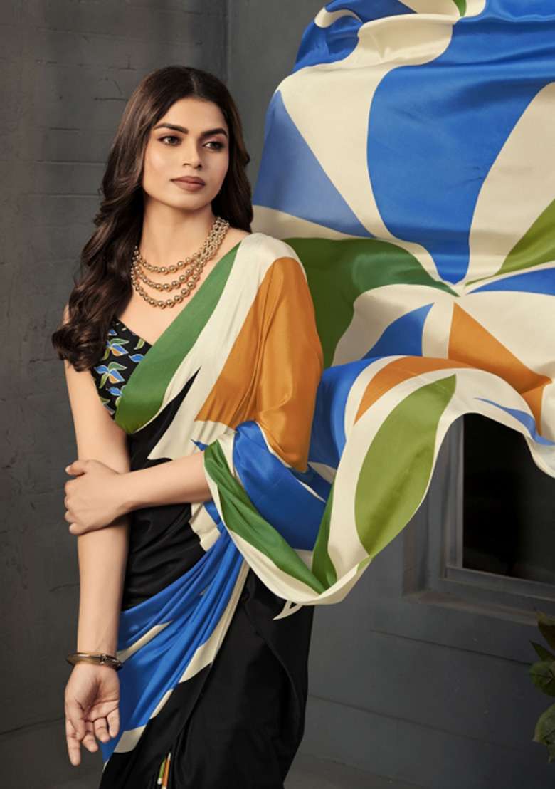 Multicolor Crepe Saree Set with Printed for Diwali | Wedding & Festive Wear - Indya
