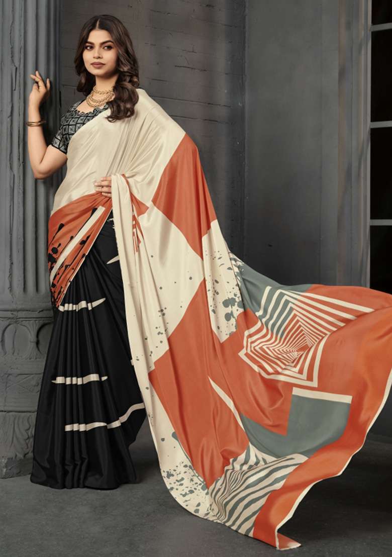 Black Printed Crepe Saree Set for Diwali and Festive Wear - Indya