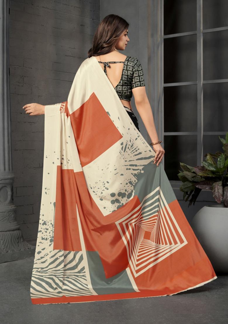 Black Printed Crepe Saree Set - Indya