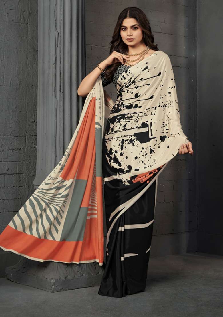 Black Printed Crepe Saree Set for Diwali and Festive Wear - Indya