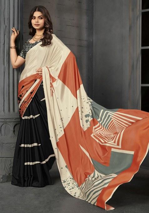 Black Printed Crepe Saree Set