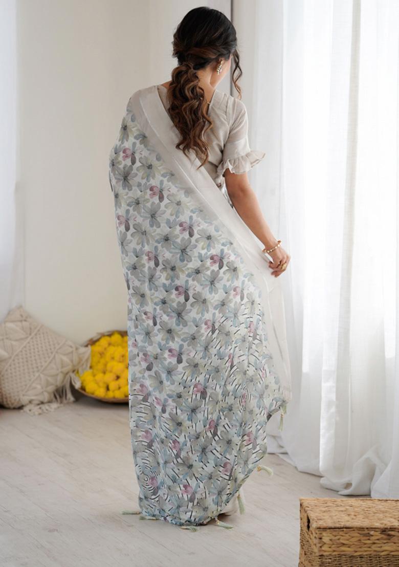 Grey Printed Faux Georgette Saree Set - Indya