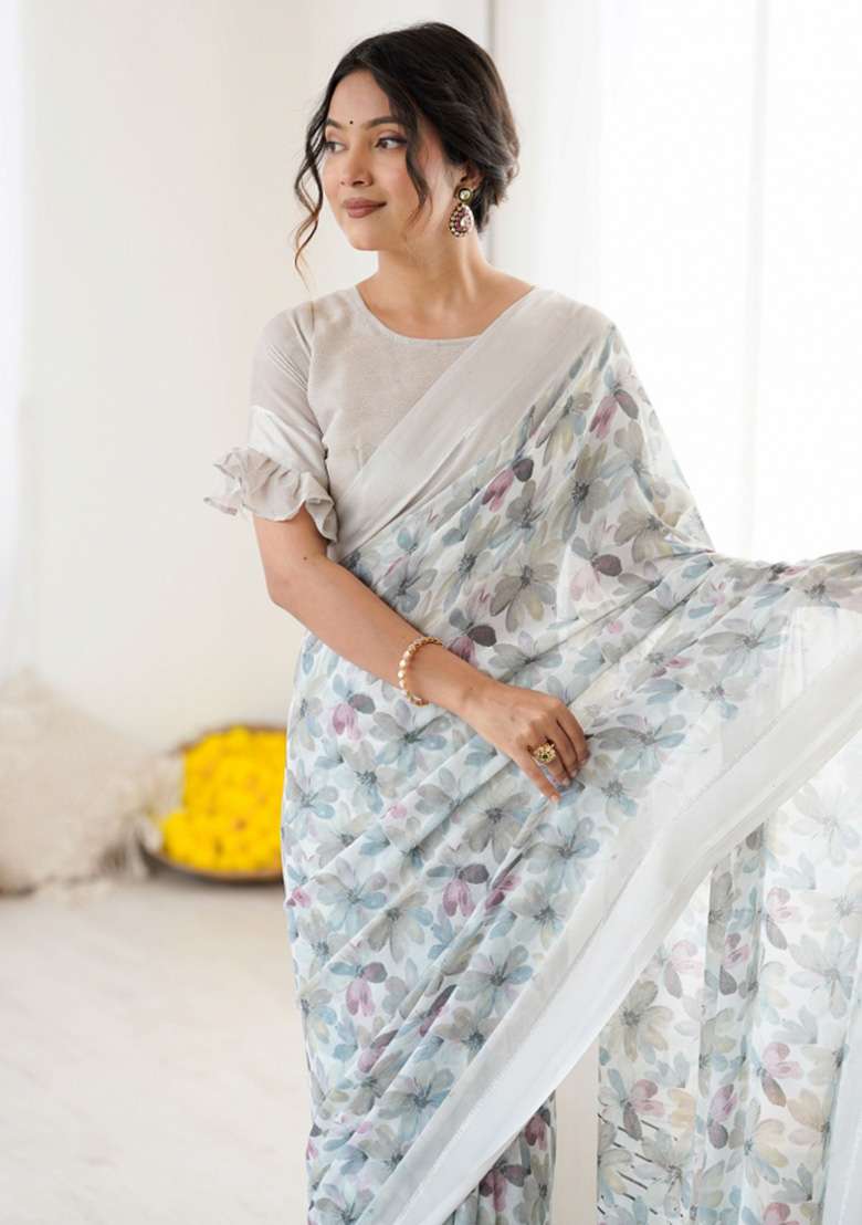 Grey Printed Faux Georgette Saree Set for Diwali and Festive Wear - Indya