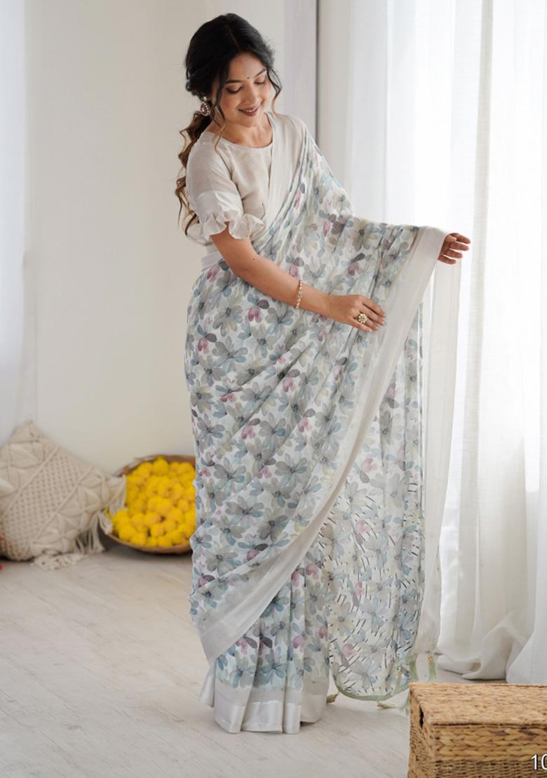 Grey Printed Faux Georgette Saree Set - Indya