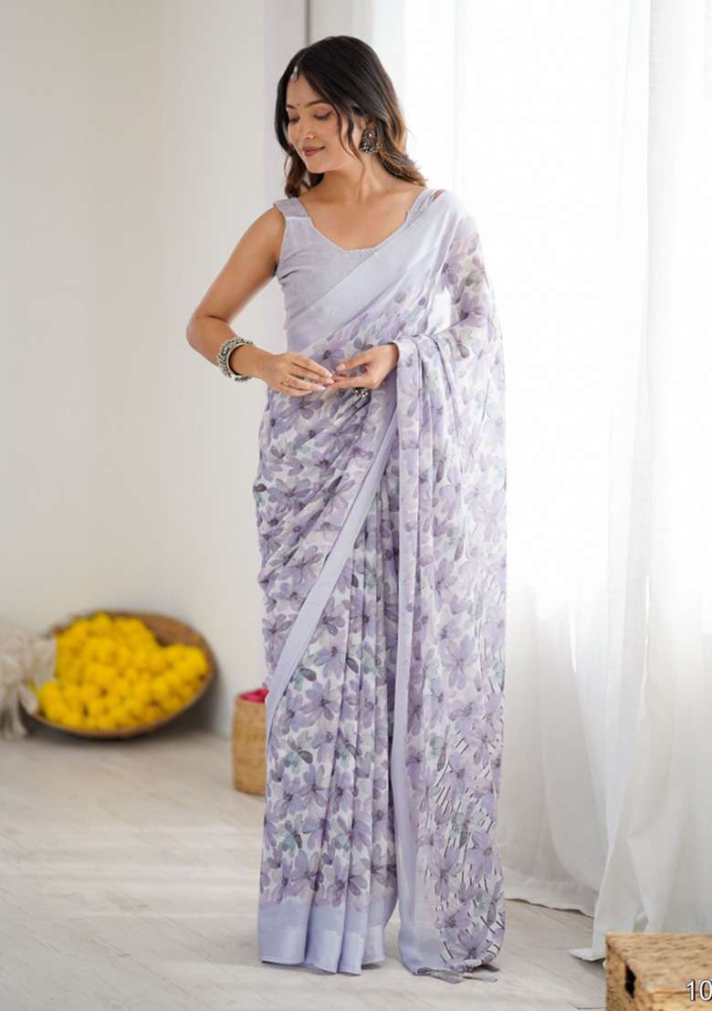 Purple Printed Faux Georgette Saree Set for Diwali and Festive Wear - Indya