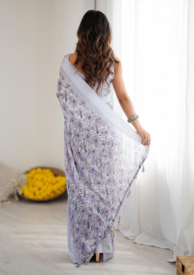 Purple Printed Faux Georgette Saree Set - Indya