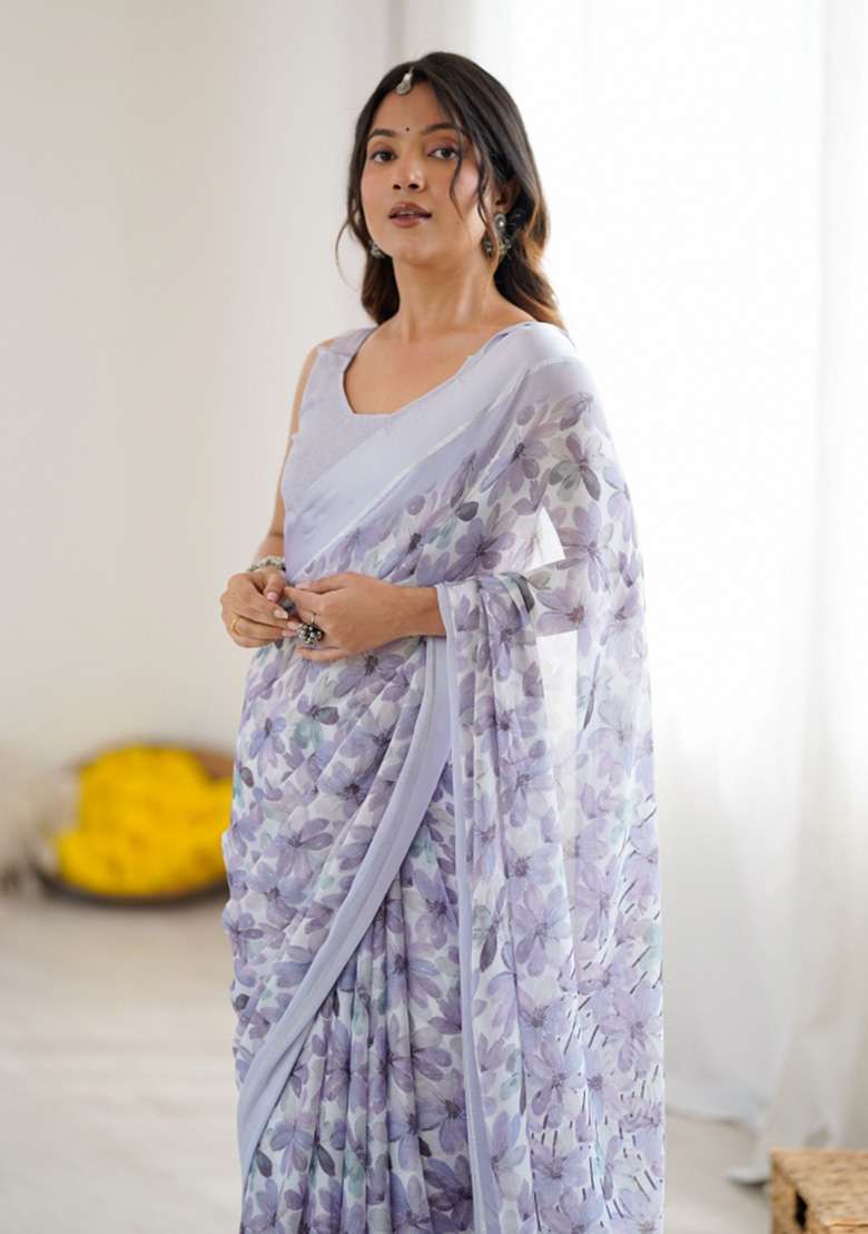Purple Printed Faux Georgette Saree Set for Diwali and Festive Wear - Indya