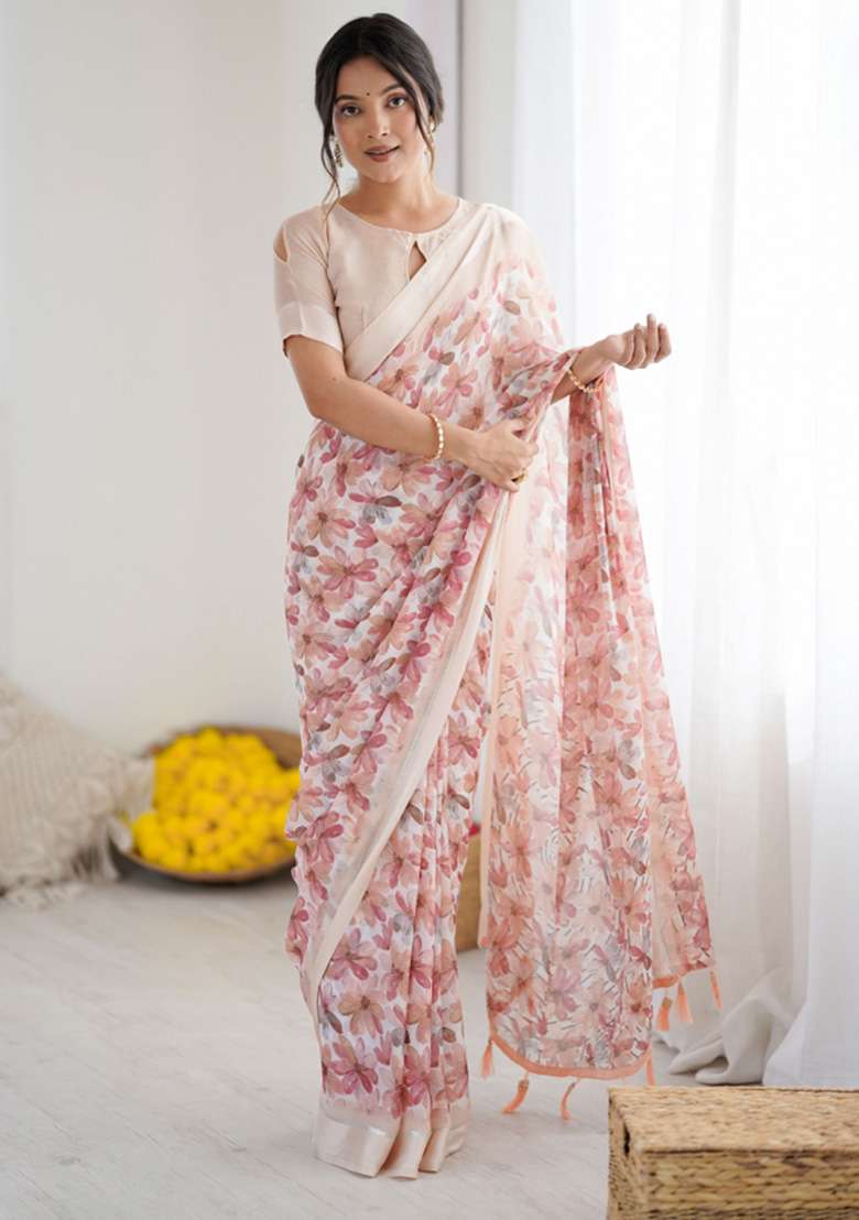 Peach Faux Georgette Saree Set with Printed for Diwali | Wedding & Festive Wear - Indya