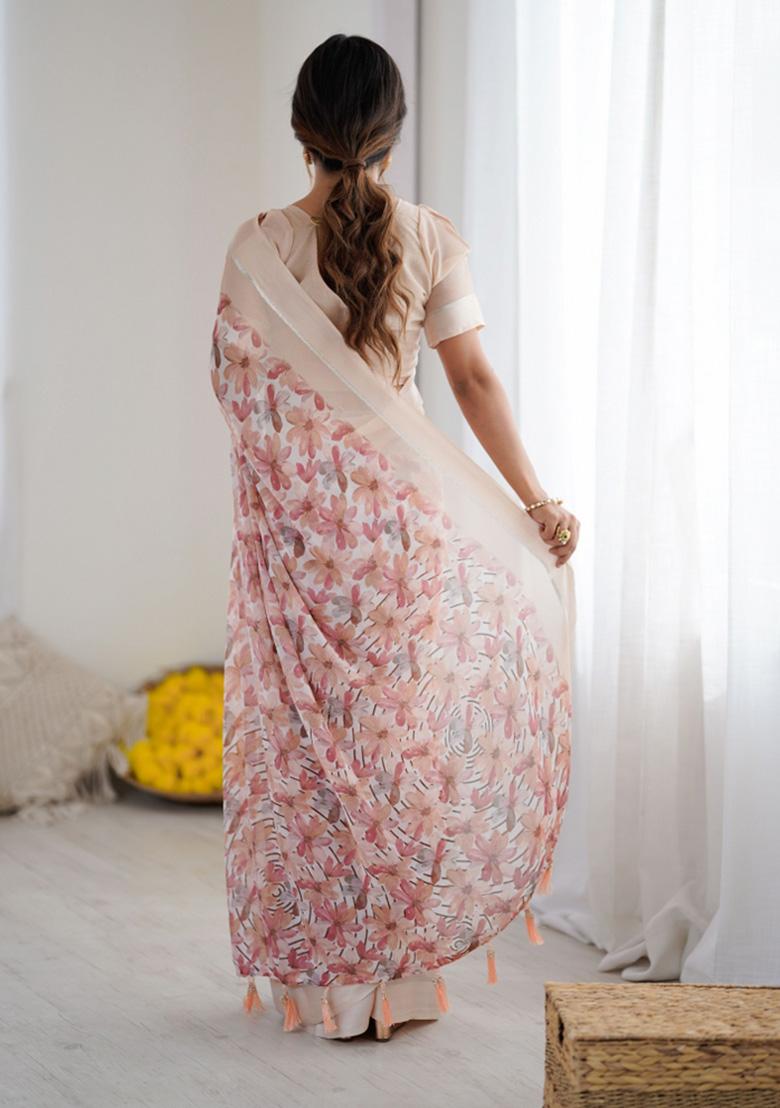 Peach Printed Faux Georgette Saree Set - Indya