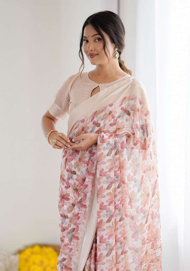 Peach Faux Georgette Saree Set with Printed for Diwali | Wedding & Festive Wear - Indya