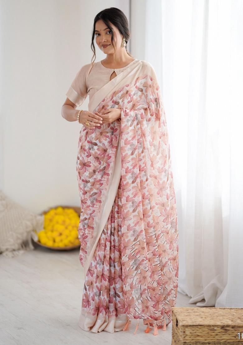 Peach Printed Faux Georgette Saree Set - Indya
