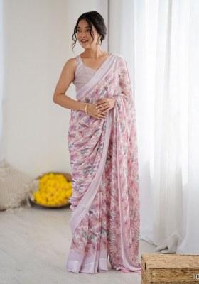 Pink Printed Faux Georgette Saree Set