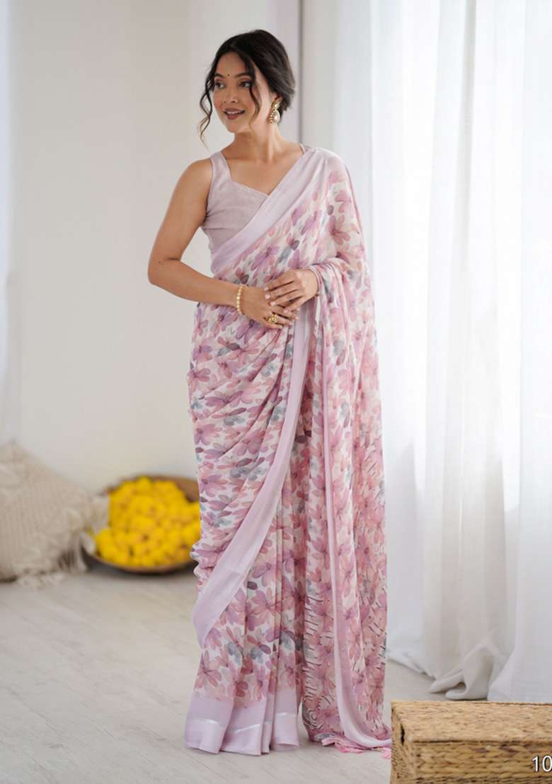 Pink Faux Georgette Saree Set with Printed for Diwali | Wedding & Festive Wear - Indya