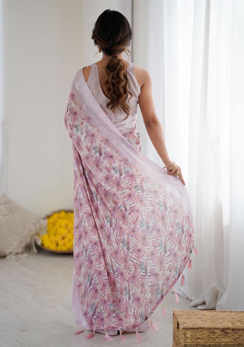 Pink Printed Faux Georgette Saree Set - Indya